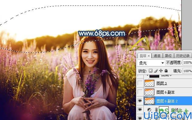 Photoshop女生照片调色：给春装女生漂亮宝贝花海外景照调出意境的霞光色