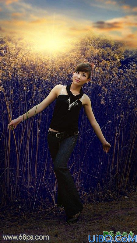 Photoshop美女图片调色：给魔鬼身材性感美女模特外景照片调出漂亮的夕阳