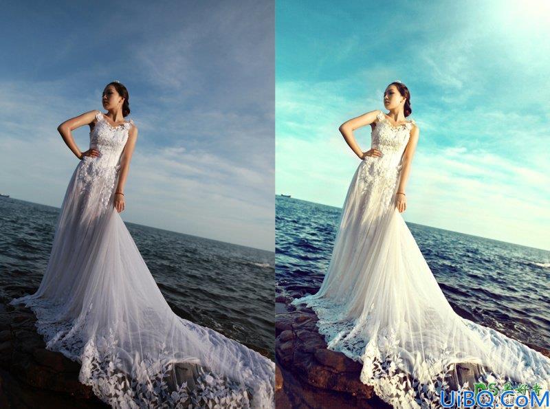 Photoshop婚片调色教程：给浪漫的外景海边婚纱照调出大气的欧美色调
