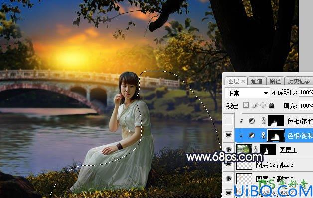 Photoshop调色教程：给公园小河边自拍的白色连衣裙少妇调出唯美的晨曦色