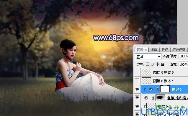 Photoshop美女调色：给外景拍摄的古装少女性感写真图片调出浪漫的黄褐色