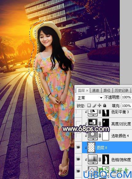 Photoshop给街景广场中的美腿女生照片调出暖色调黄昏日光效果