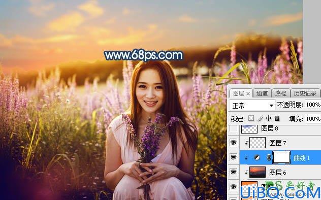 Photoshop女生照片调色：给春装女生漂亮宝贝花海外景照调出意境的霞光色