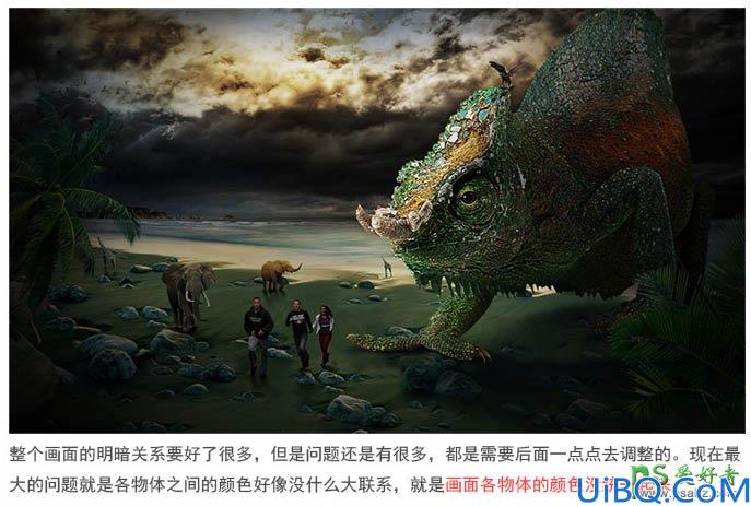 Photoshop合成恐怖电影中的史前巨蜥-巨大蜥蜴追赶人类的影像图片