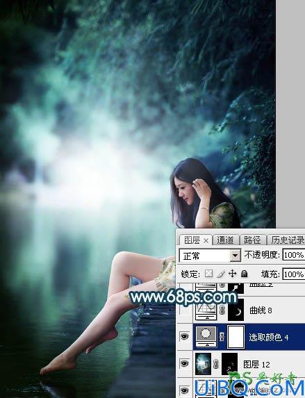 Photoshop给清纯玉腿美脚女神艺术写真图片调出梦幻唯美的青绿色