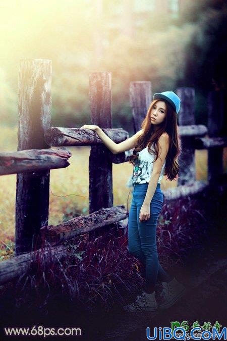 Photoshop给景区木桩边自拍的唯美少女艺术照调出高对比蓝黄色