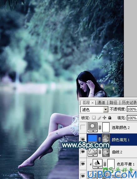 Photoshop给清纯玉腿美脚女神艺术写真图片调出梦幻唯美的青绿色