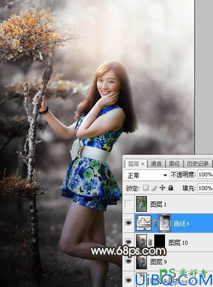 Photoshop给小树林中自拍的女生美腿照片调出中性暗红色调