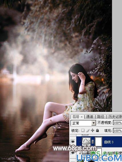 Photoshop美女图片调色实例：给公园水边自拍的美女照片调出唯美的红褐色