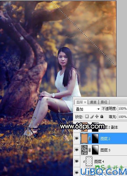 Photoshop美女图片调色教程：给树林中的性感伊人写真照调出唯美的黄色