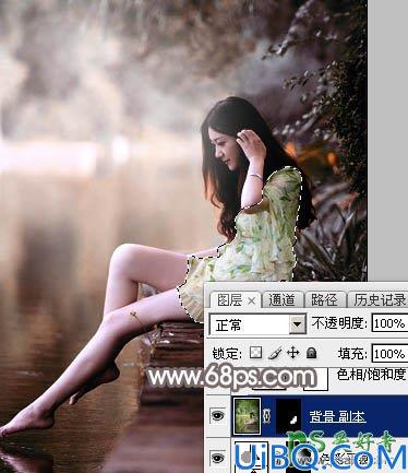 Photoshop美女图片调色实例：给公园水边自拍的美女照片调出唯美的红褐色
