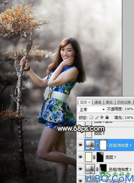 Photoshop给小树林中自拍的女生美腿照片调出中性暗红色调