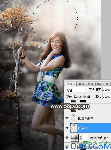 Photoshop给小树林中自拍的女生美腿照片调出中性暗红色调