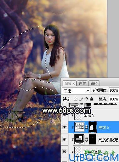 Photoshop美女图片调色教程：给树林中的性感伊人写真照调出唯美的黄色