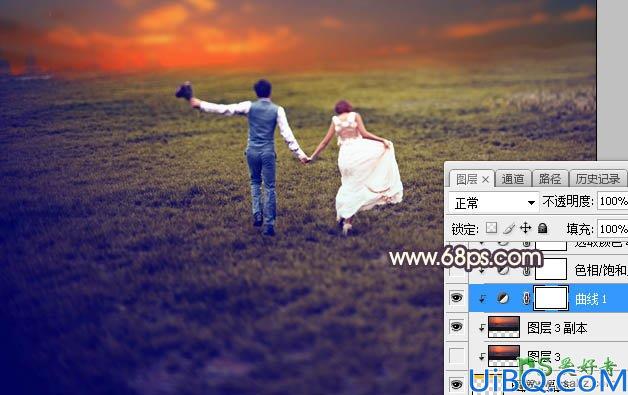 Photoshop婚片后期调色：给田野中拍摄的情侣婚纱照调出唯美的逆光效果