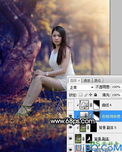 Photoshop美女图片调色教程：给树林中的性感伊人写真照调出唯美的黄色