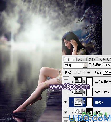 Photoshop美女调色教程：给水边自拍的长腿女生艺术照调出唯美的中性冷色