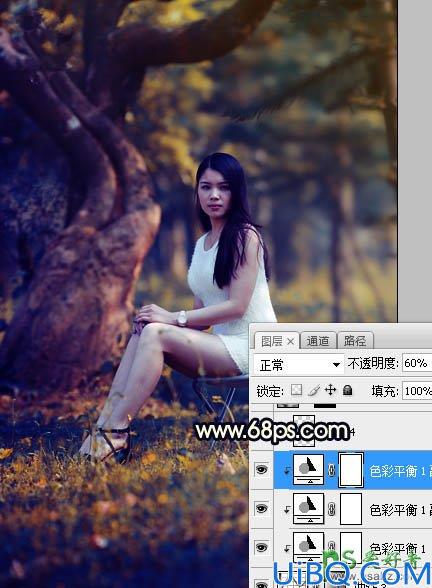 Photoshop美女图片调色教程：给树林中的性感伊人写真照调出唯美的黄色