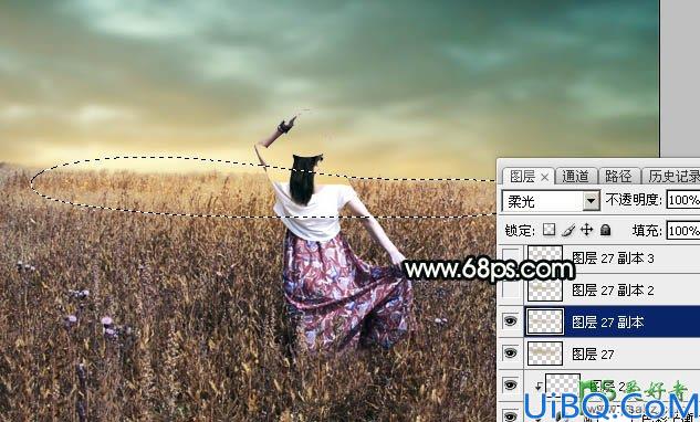 Photoshop女生照片调色：给美丽田野上的漂亮女生写真照调出柔美的青黄色