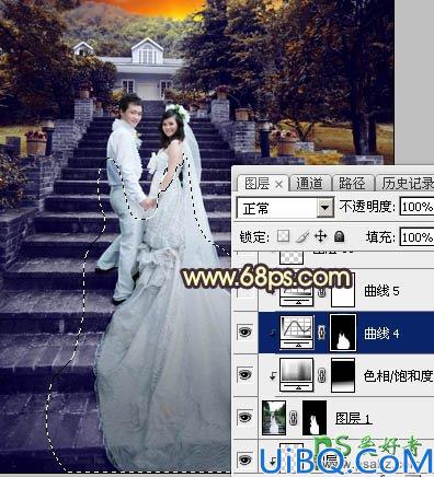 Photoshop调色教程:给古建筑风景图片中拍摄的情侣婚纱照调出唯美的黄色