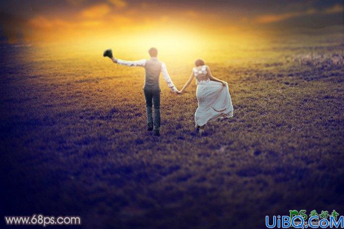Photoshop婚片后期调色：给田野中拍摄的情侣婚纱照调出唯美的逆光效果
