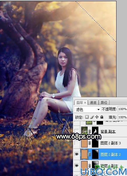 Photoshop美女图片调色教程：给树林中的性感伊人写真照调出唯美的黄色