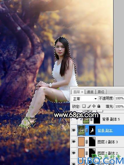 Photoshop美女图片调色教程：给树林中的性感伊人写真照调出唯美的黄色