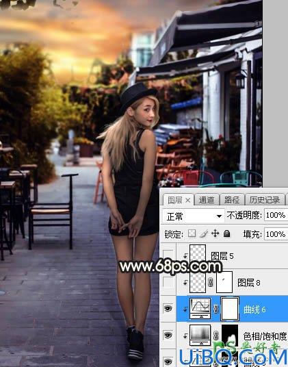 Photoshop女生照片调色：给餐厅外的金发性感女生照片调出明亮的霞光色彩