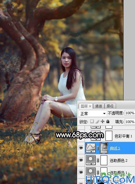 Photoshop美女图片调色教程：给树林中的性感伊人写真照调出唯美的黄色