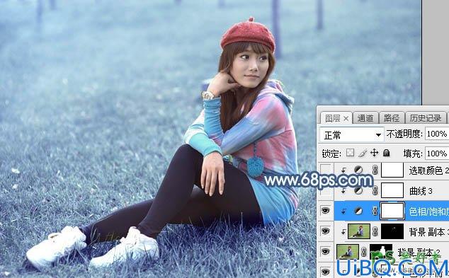 Photoshop调色教程实例：给公园草地上自拍的女生照片调出唯美的淡青色