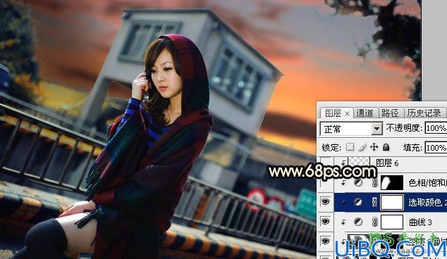Photoshop给城市天桥上自拍的性感女孩儿生活照调出暗调霞光色彩