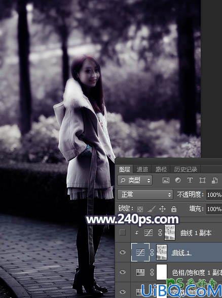 Photoshop给街头自拍的性感红唇美女照片调出梦幻的中性蓝色