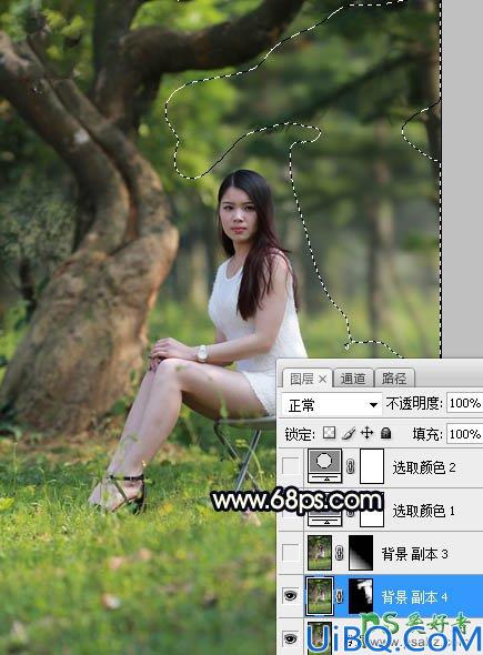 Photoshop美女图片调色教程：给树林中的性感伊人写真照调出唯美的黄色