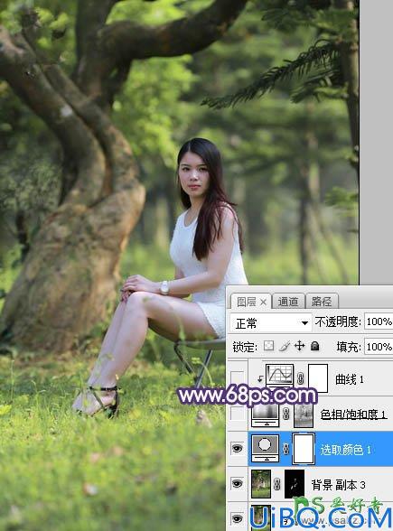 Photoshop给外景长腿美女个人艺术照摄影图片调出小清新蓝黄色