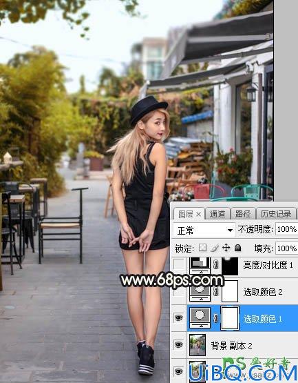 Photoshop女生照片调色：给餐厅外的金发性感女生照片调出明亮的霞光色彩