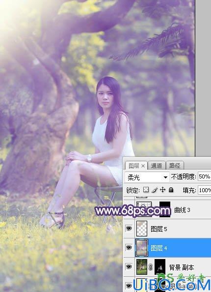 Photoshop给外景长腿美女个人艺术照摄影图片调出小清新蓝黄色