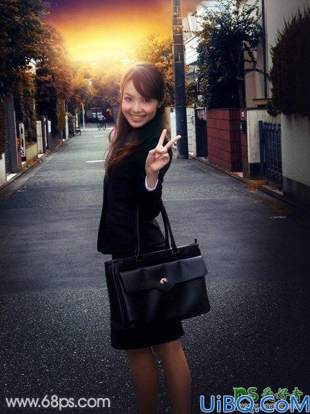 Photoshop美女照片调色：给乡间小路上自拍的唯美美女写真照调出晨曦色