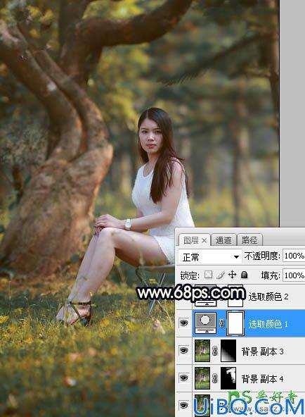 Photoshop美女图片调色教程：给树林中的性感伊人写真照调出唯美的黄色