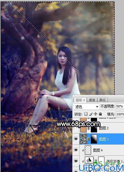 Photoshop美女图片调色教程：给树林中的性感伊人写真照调出唯美的黄色