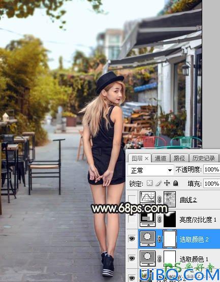 Photoshop女生照片调色：给餐厅外的金发性感女生照片调出明亮的霞光色彩