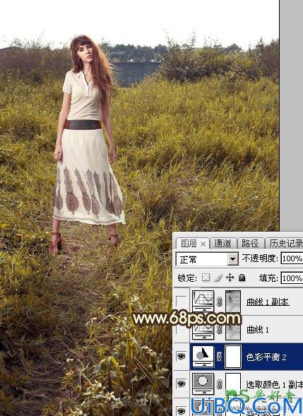 Photoshop草场上自拍的欧美公主小妹个人写真照调出蛋黄色晨曦效