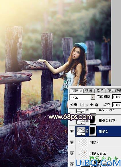 Photoshop给景区木桩边自拍的唯美少女艺术照调出高对比蓝黄色
