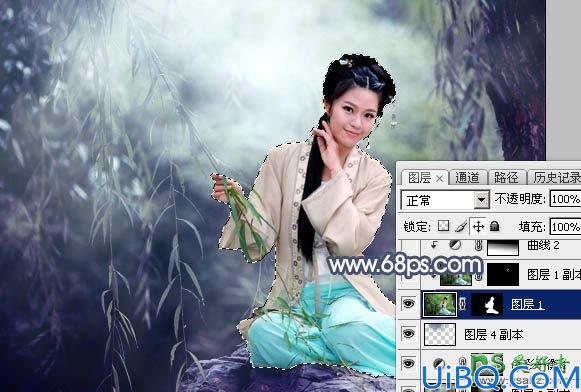 Photoshop给古装性感美女，小柔女性写真图片调出唯美的暗青色