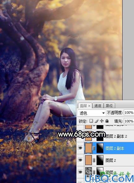 Photoshop美女图片调色教程：给树林中的性感伊人写真照调出唯美的黄色