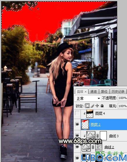 Photoshop女生照片调色：给餐厅外的金发性感女生照片调出明亮的霞光色彩