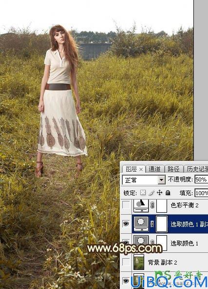 Photoshop草场上自拍的欧美公主小妹个人写真照调出蛋黄色晨曦效