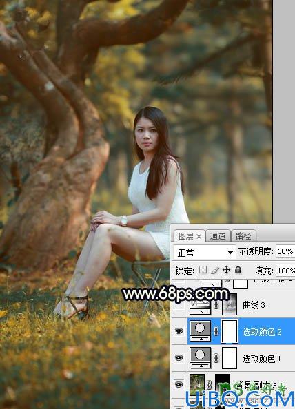 Photoshop美女图片调色教程：给树林中的性感伊人写真照调出唯美的黄色
