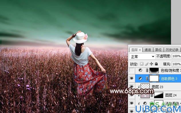 Photoshop给草场上自拍的少女艺术照调出梦幻的青红色，霞光色彩
