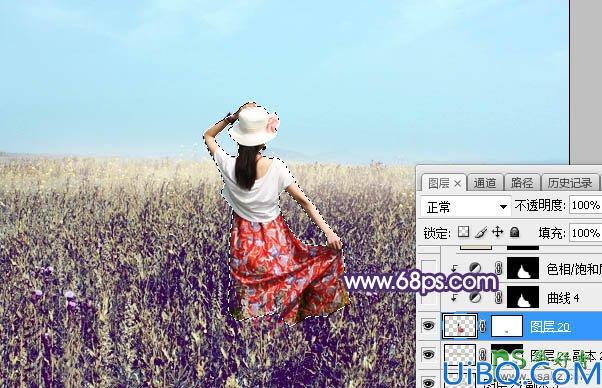 Photoshop美女图片调色教程：给草原上的漂亮姑娘写真照调出唯美的淡清色