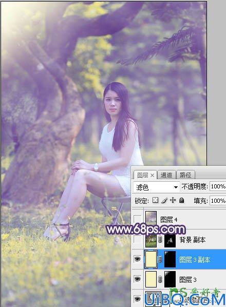 Photoshop给外景长腿美女个人艺术照摄影图片调出小清新蓝黄色